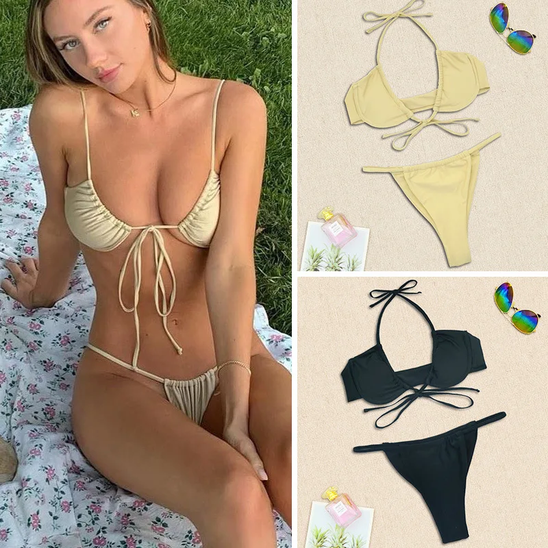 Sexy mikro ohlávky plavky Ženy Brazílske plavky Slidná farebná obväz