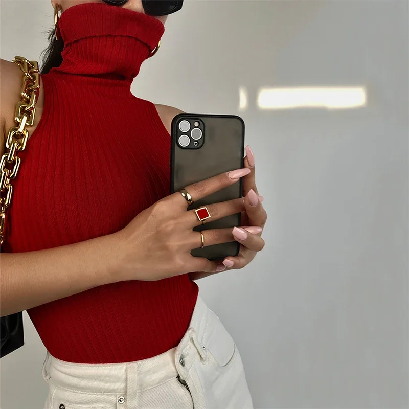 Sexy mimo plece Turtleneck Rib Tank Top Slim Noste vonkajšie rukávy bez rukávov letné všestranné elastické pletené spodné tričko