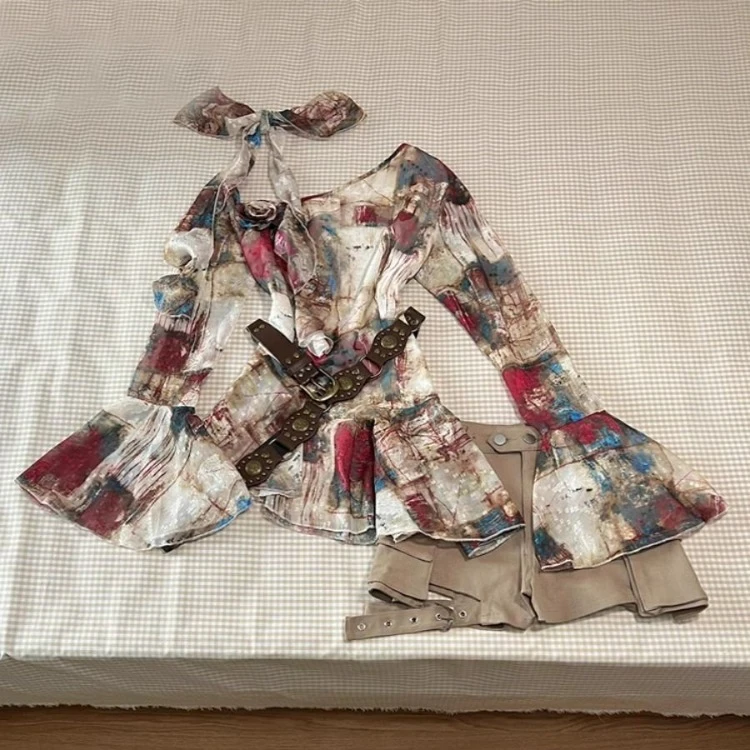 Sexy mimo ramena Slim Fit Print Dlhé rukávy Topky Ženy+ Y2K E-Girl Hight pás krátky pás 2025 Skoré jeseň Nové dvojdielne súpravy