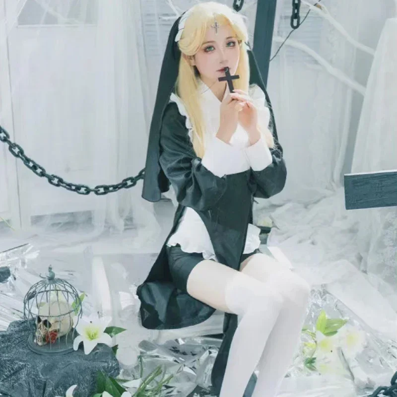Sexy mníška Cosplay Chowbie kostýmy Ženy Dámske šaty Sada mníšky Čierne ozdobné uniforma Halloween Party Roleplay Outfit