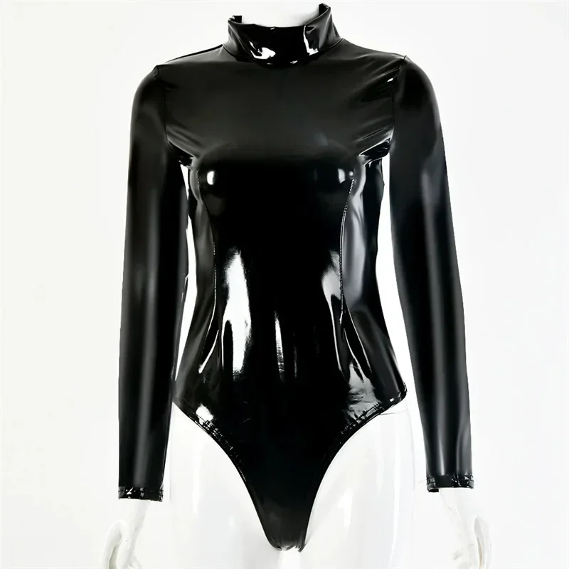 Sexy mokrý vzhľad faux kožené kombinézy Ženy s dlhým rukávom PVC BodySuit Leotard stredný krk patent kožená kombinéza Clubwear