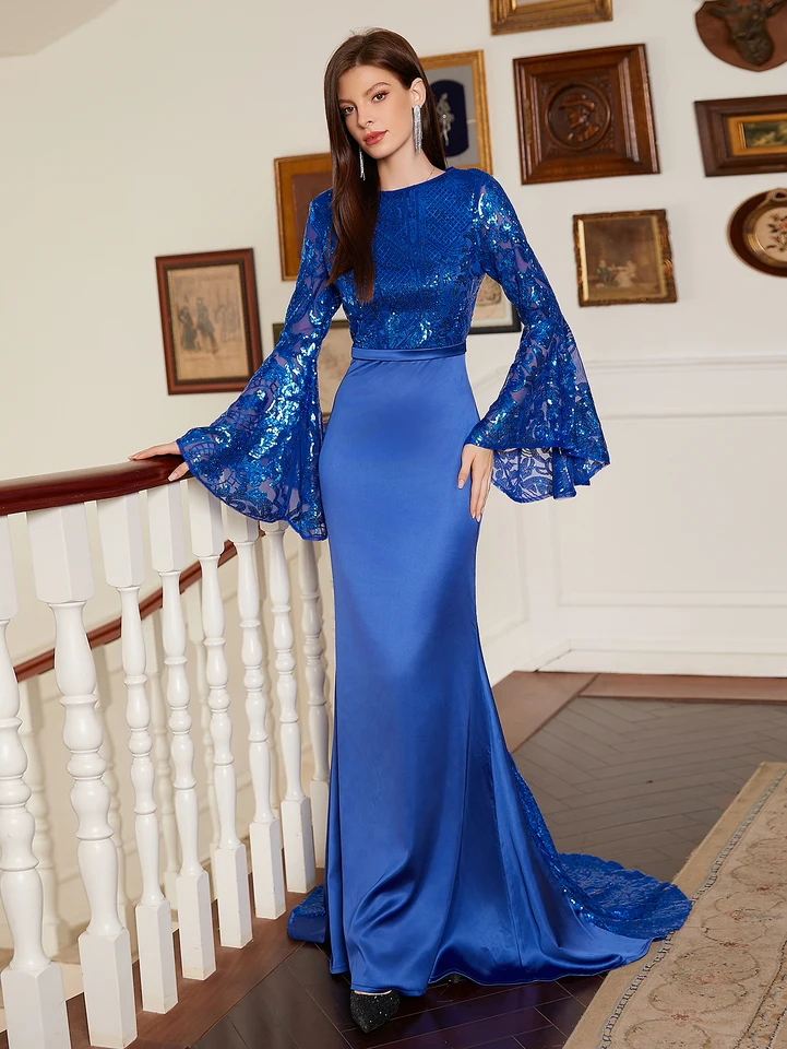 Sexy morská panna šaty DIY Elegantné očarujúce šumivé modré vzorové šaty hviezd