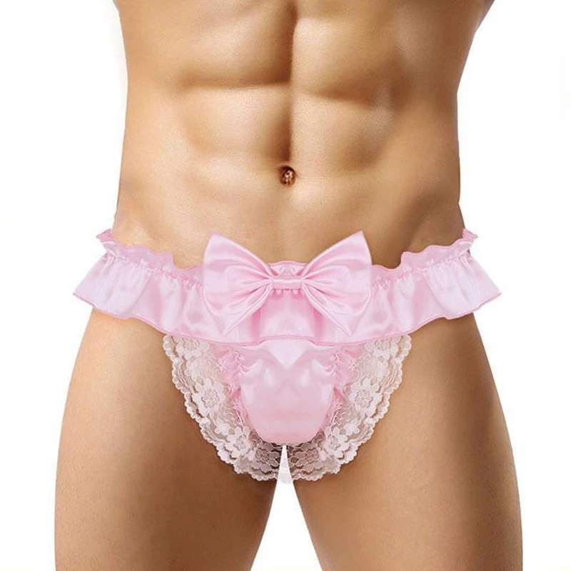 Sexy muži saténové čipky tangé briefs sissy búchané luk panstie g-string t-back spodná bielizeň erotické jockstrap gay crossdressing cos nohavice