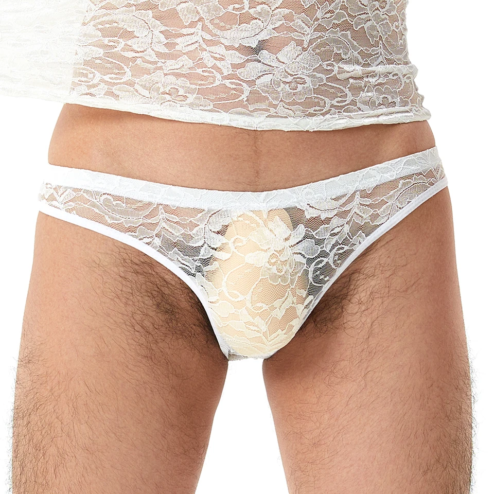 Sexy muži sissy krátke čipky krátke spodné prádlo ultra tenké priehľadné nohavičky s nízkym výborom
