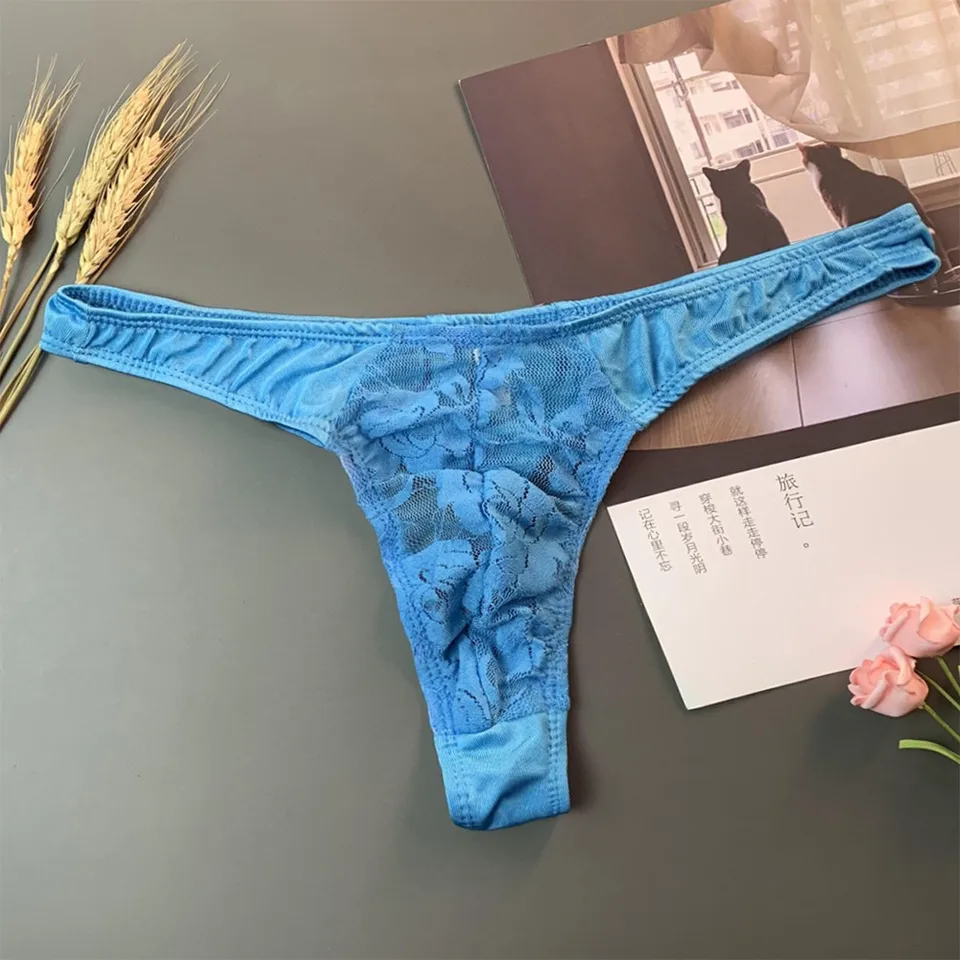 Sexy muži čipky tangé Transparentné priedušné nohavičky Muž vidíš cez vrecko G-Strings Muž spodky T-back briefs spodné prádlo A50