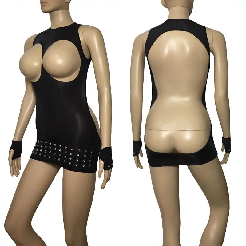 Sexy nepriehľadné čierne Cuppless SHAPONESTONE Bodycon Mini šaty s rukavicami Otvorené zadok bezstarostné fetiš fetiš spodná súprava