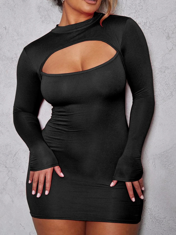 Sexy obal hrudník Dutiny out elastické štíhle šaty Bodycon Women Dámske dám s dlhým rukávom Pevná farba Skinny šaty Even Club Party Vestidos