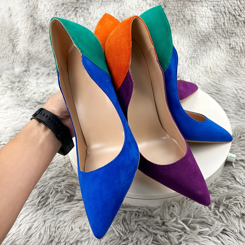 Sexy oranžová fialová farebná farebná patchwork Ženy Flock špicaté špičky vysoké podpätky topánky faux semišové elegantné pumpy Stiletto Malé 33-46