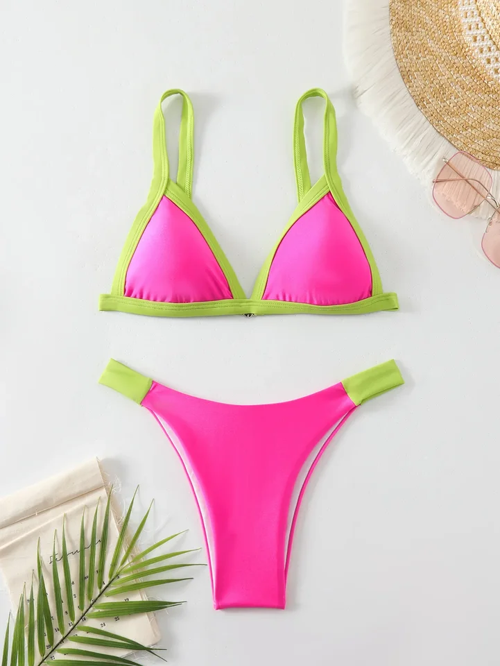 Sexy patchwork ružová červená zelená bikiny súpravy dva kusy Čalúnené plavky ženské plavky plavky Biquini Tankini