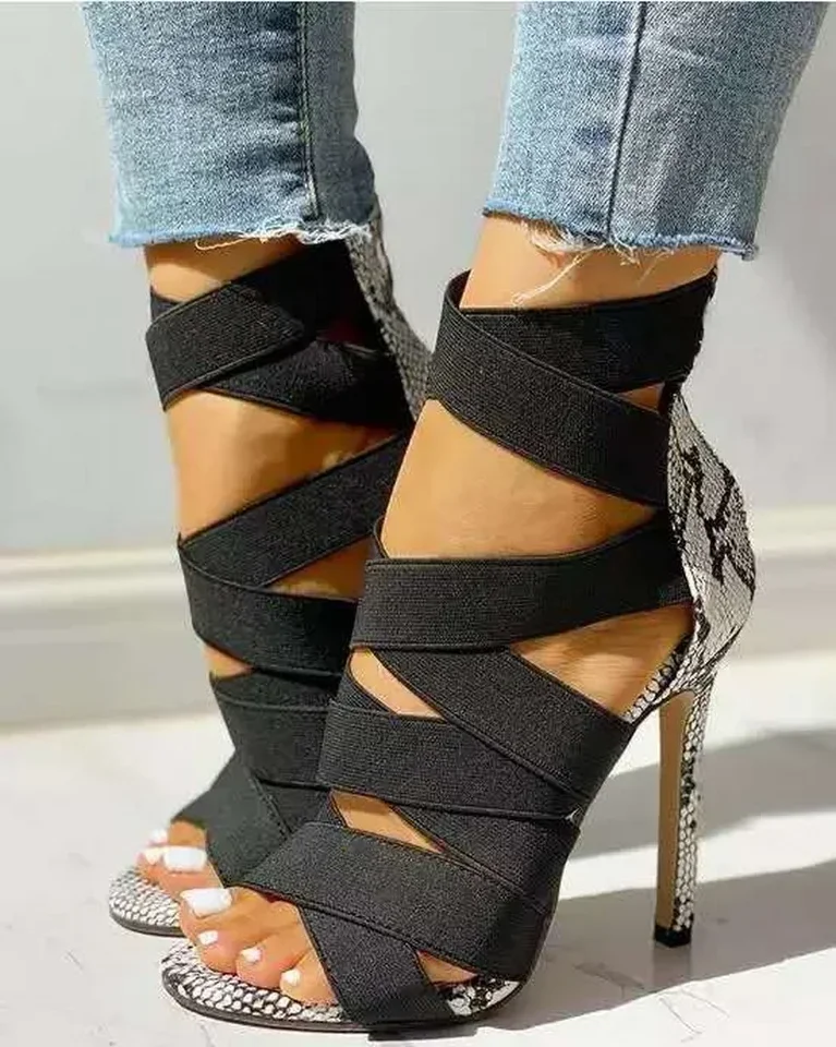 Sexy peep toe elastická kapela kríženie hadí kožené sandále pre ženy zadné zipsové tenké päty banketu svadobné topánky
