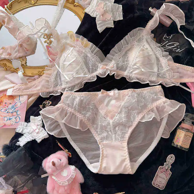 Sexy podprsenka lolita dievča tenké čipky králičie uši pohár malá hruď spodná bielizeň Žena veľké prsia ukazuje malý trojuholníkový pohár podprsenka sada sexy
