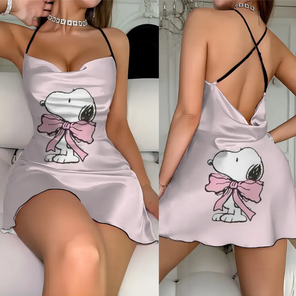 Sexy podväzky backless cross dizajn letný snoopy tlače vzor saténové šaty nočná dámska párty V-krk Mini sukňa