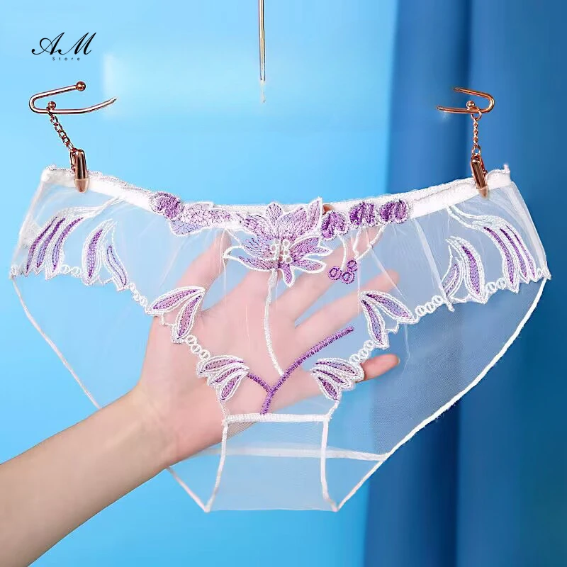 Sexy priehľadné mriežky číre nohavičky Ženy Super tenké kvetinové nohavičky Perspektíva Stručné spodné prádlo plus veľkosť m-xxl