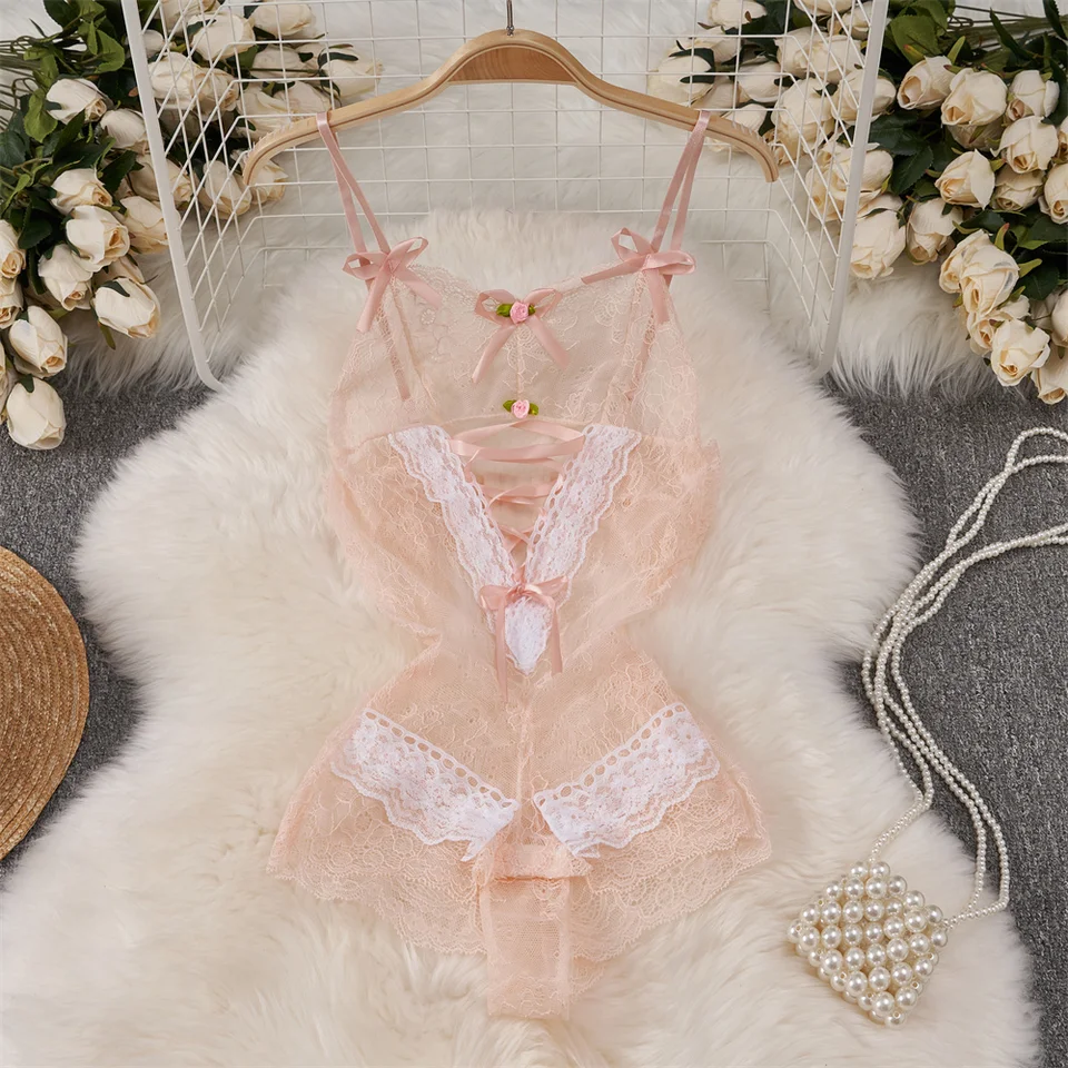 Sexy priehľadné čipkované krížové remienok SPRAP KVETOVÉ KVETOVÉ KLIKY BODYSUIT Slim FIT Sladké erotické pyžama spodná bielizeň ROMPERS CATSUIT Bodycon