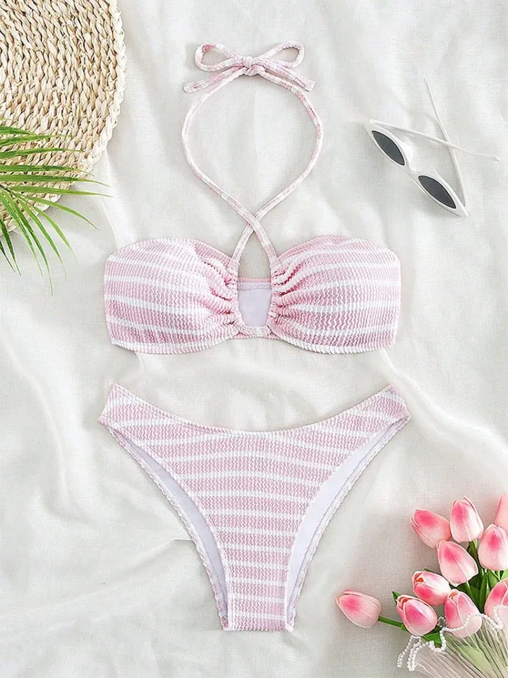 Sexy pruhovaný farebný blok halter bandeau mini bikinis sady dva kusy Čalúnené plavky plavky ženské plavky ženský oblek biquini