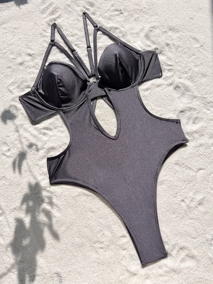 Sexy push Up Glitter Grey Backless Swimsuit Jeden kus poddroje dutých bikín plavky Bodysuits Ženy Biquini plavky