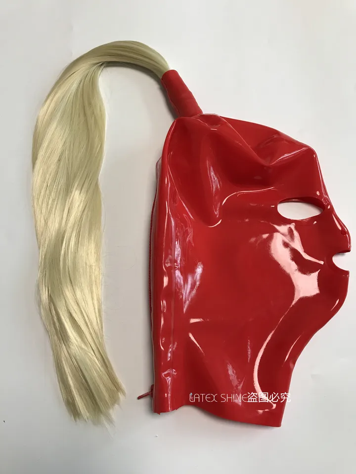 Sexy Red Latex Fetish Hood Mask s gumovou maskou s kusmi blond vlasy