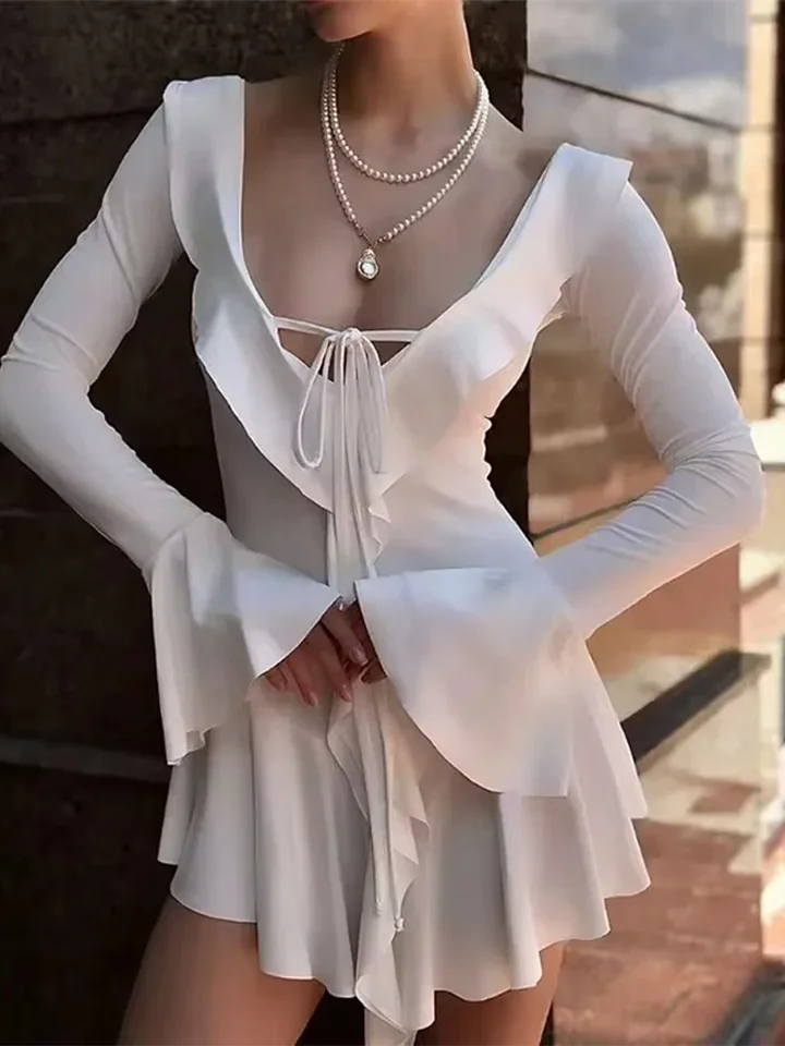 Sexy Ruffle Mini šaty Ženy Flare dlhý rukáv V-krk ženské párty šaty 2024 módne štíhle plážový klub Bar Bar Lady Short Roups