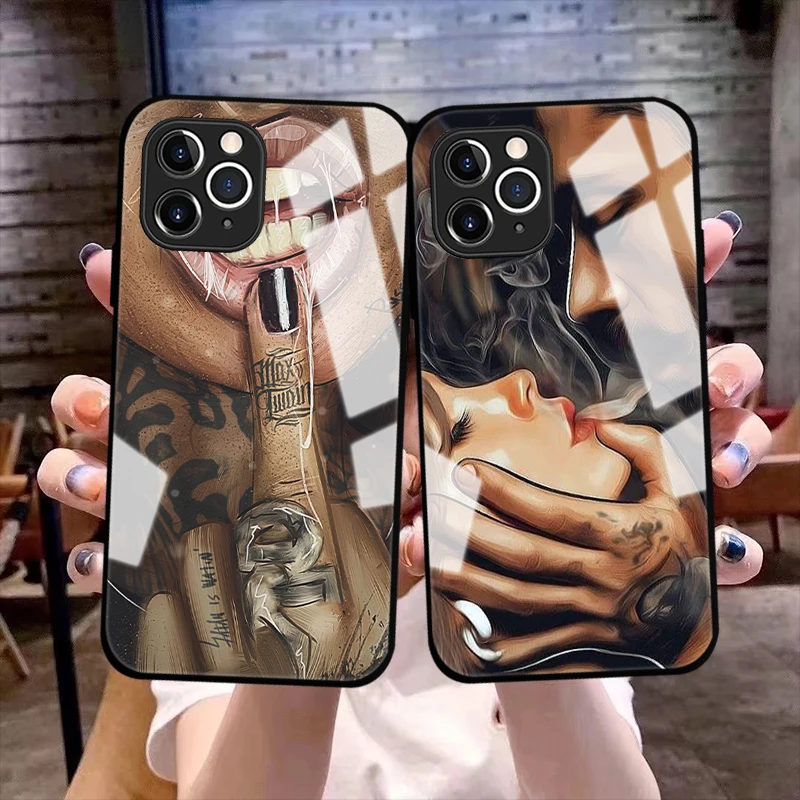Sexy rukáv Tattoo Girl Cover pre iPhone 11 12 13 14 Pro Max X XR XSMAX 8 14 plus 13 Mini čierny temperovaný sklenený nárazník
