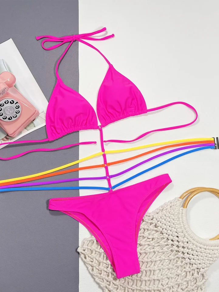 Sexy ružová červená bandážové plavky s jedným kusom dutiny vonku kravata bikinis plavky BodySuits Ženy Biquini plavky Tankini Tankini