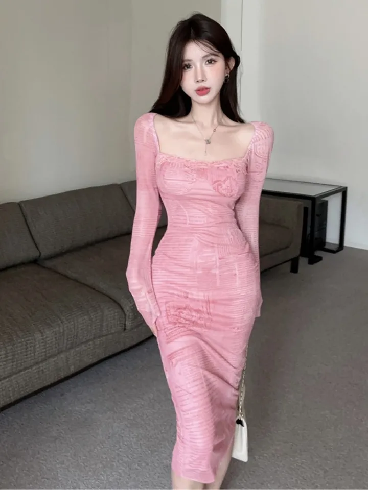 Sexy ružový štvorcový golier midi šaty jesenné ženy s dlhým rukávom, šnurovanie šnurovania Slim Bodycon Vestidos elegantná večierok prom robe majer