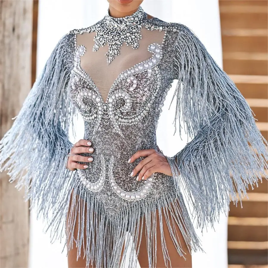 Sexy s dlhými rukávmi Tassel perly jeden kus krátke kombinézy Stripper outfits Dancewear Dance Dámske javiskové výkony kamienok.