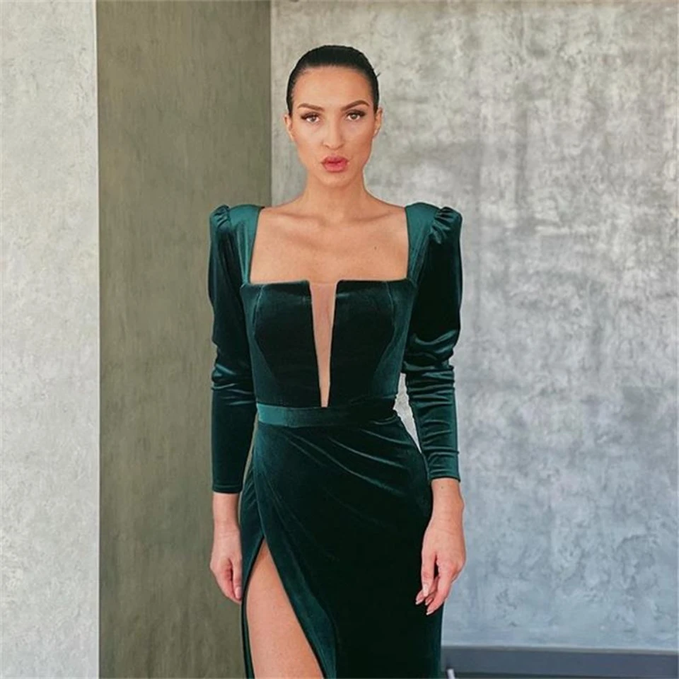 Sexy s vysokým rozlíšením zamatovej morskej panny Evenid Dress2024 Tmavej zelenej ilúznej ilúzie Formálne plesové šaty dlhé rukávy Elegantné dráhy módne šaty