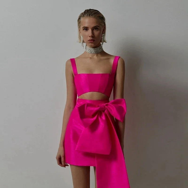 Sexy satén fuchsia kokteilové šaty popruhy Homecoming šaty mini párty pre dievčatá front big Bow Vestidos cortos elegantes