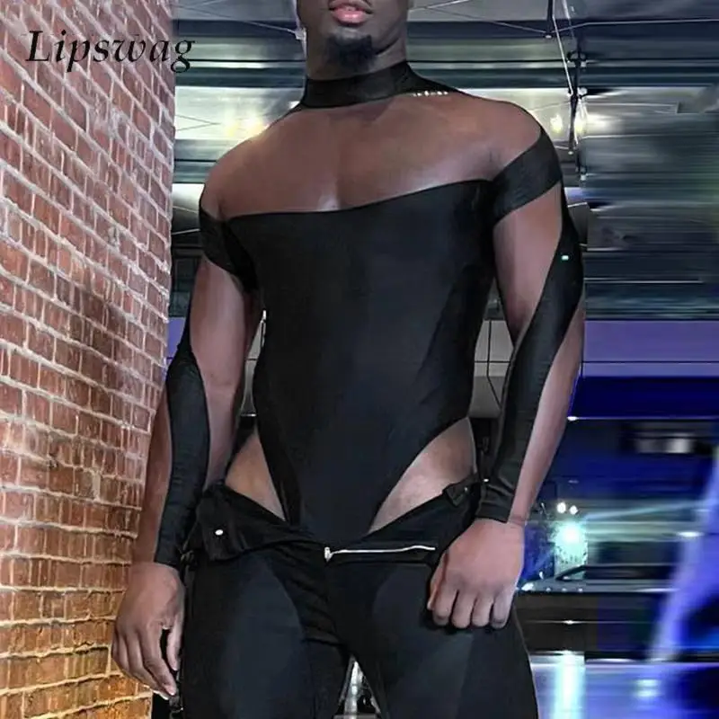 Sexy See cez sieťové kombinézy Tees Mens Mens Spring Party Fashwork Mashwork Tričko Men štýlové štíhle fit s dlhým rukávom