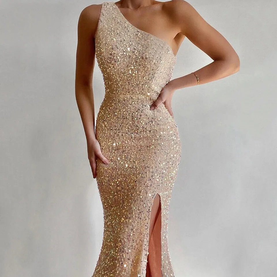 Sexy single rameno Bodycon Dress Women Backless Glitter Slim Slim Flowin Elegantné formálne šaty ženské večierky Večer Prom Vestidos