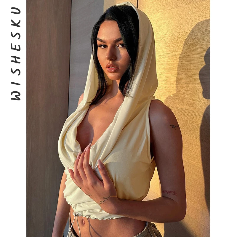 Sexy skladaná s kapucňou štíhle plodiny topy Ženy Elegantné v krku pevné tričko bez rukávov 2023 letné letné ležérne marhuľové streetwear