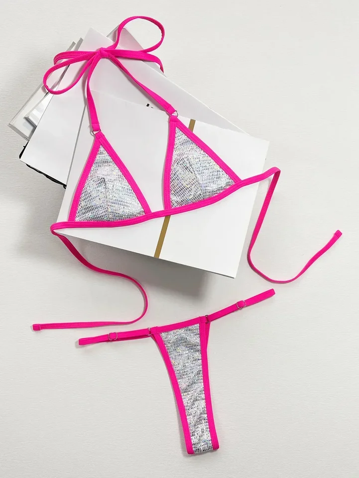 Sexy sliver trblietavý reťazec Micro Bikinis Sety dva kusy halter kravata Patchwork tangé plavky plavky bakini biquini tankini
