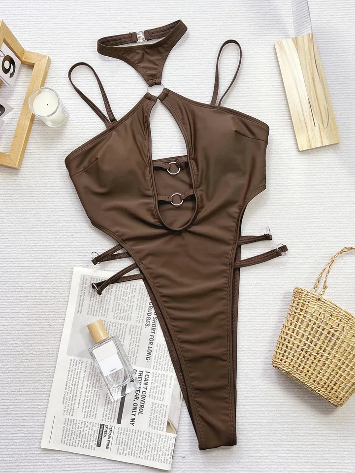 Sexy Solid Coffee Plavecky s jedným kusom obväz s dutím bikiny plavky plavky na pláži plážové oblečenie Bodysuit Biquini Tankini
