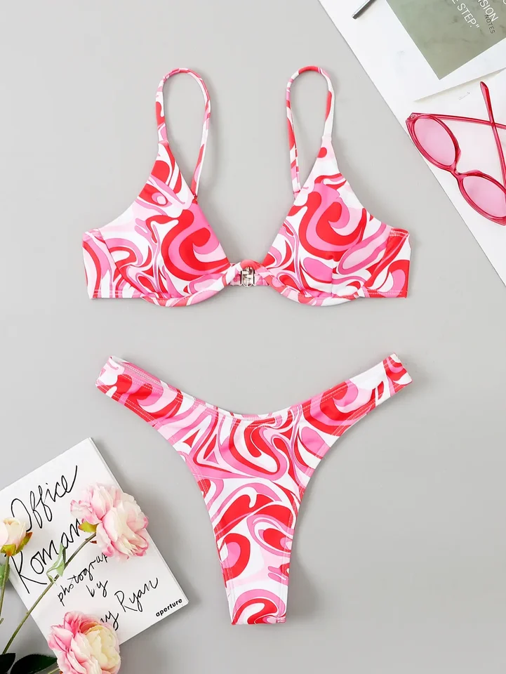 Sexy spodná bielizeň 2-dielne plavky pre ženy, 2025 Nové bikiny s vysokým pásom, VNOM VO-Neck SUBLEDED SUBLESELE Summer Beach Monikini Monikini
