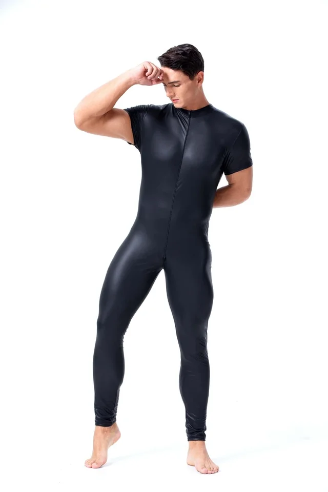 Sexy spodná bielizeň Men Men BodySuit Japsuit Patent Patent Leather Front Zipper Open Crotch erotický nočný klub Bar scéna Clubwear kostým Clubwear