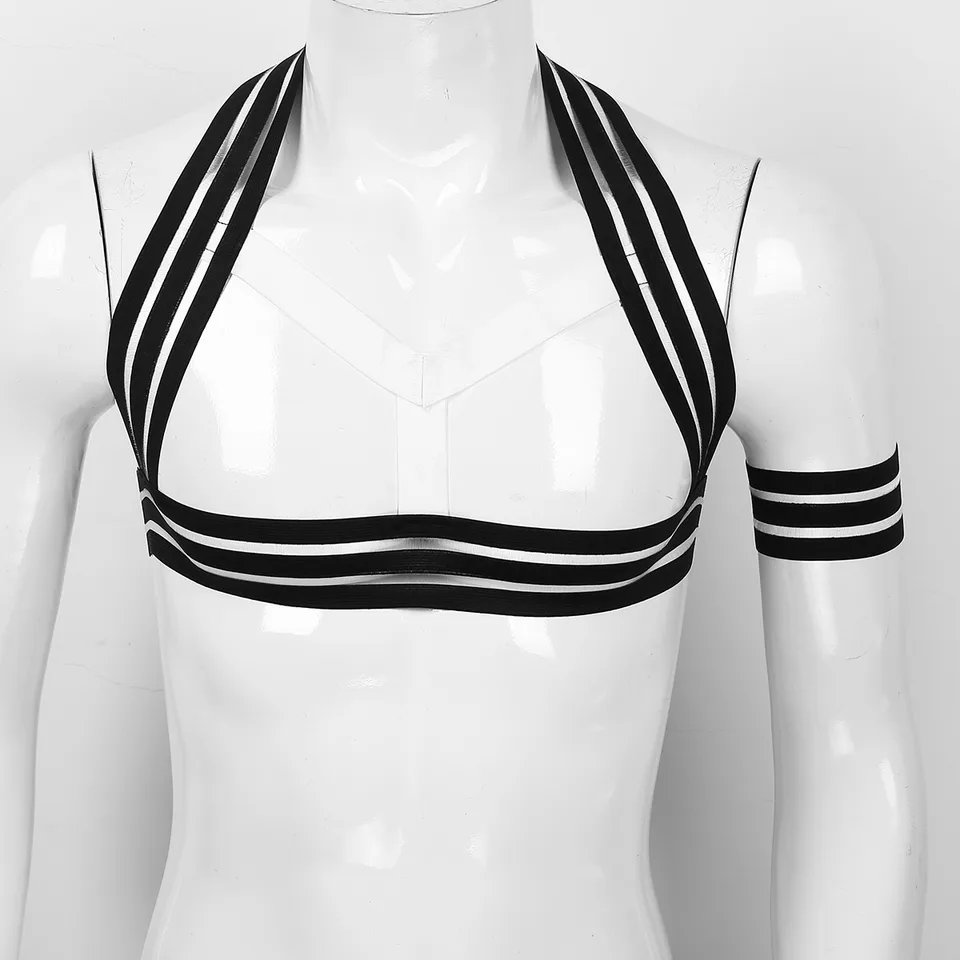 Sexy svalové pás pre mužov Elastické pruhované pruhované postroje na hrudník Kostýmy Homme Obmedzenia ramená s ramennou ortézou s náramkovým oblečením