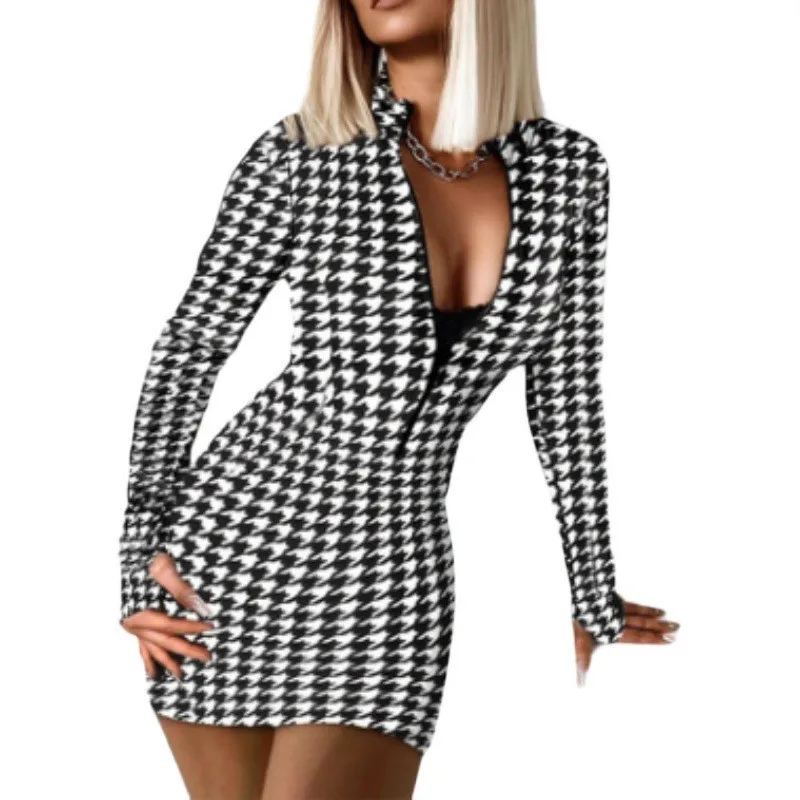 Sexy tesné mini šaty Ženy 2024 Jeseň a zimná móda Zipper Deep V Tlačené večierky Šaty Ženy s dlhým rukávom Dámy