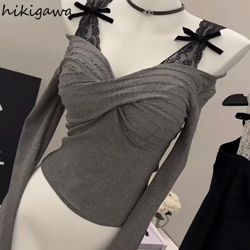 Sexy tričká Dámske oblečenie 2024 Pattwork Lace Tunce Tunda Rukáv Temperamentu Temperamentu Camisetas Slash Neck Móda y2k tričko Y2K