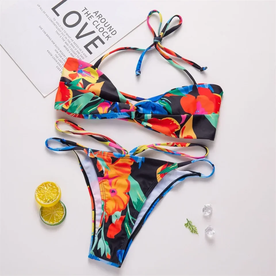 Sexy Twist Bandeau plavky Floral Bikini Y2K Micro String Extreme Push Up Swimwear Tangas Dámske dám