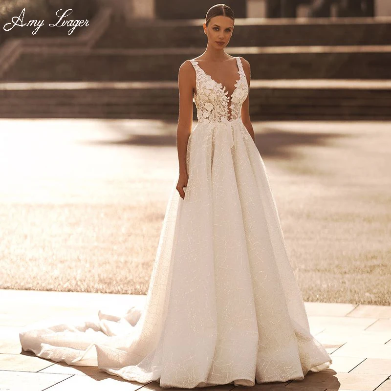 Sexy V-krk backless a-line svadobné šaty 2024 Vynikajúce aplikácie Vestido de Noiva Lace Court
