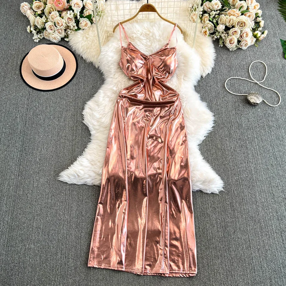 Sexy V-krk Elegantné kovové lesklé základy bez rukávov bez rukávov bez rukávov, elegantné čipky Slim Praps, šaty Dámske večerné oblečenie