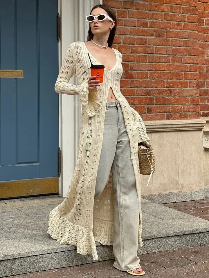 Sexy veľký rozžiarený rukáv Knit Cut Out Šaty 2024 Autumn Dámska neformálna dlhá tenká svita