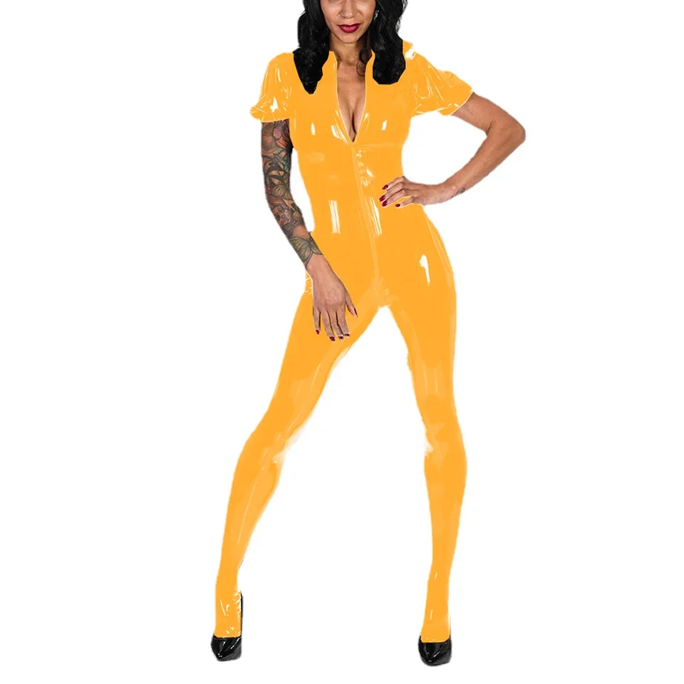 Sexy vinyl Pvc Puff Krátky rukáv Full Zipper skrcksuit žien Dámske kombinézy Bodycon Rave Nightclub Zentai faux latex Romper fetish
