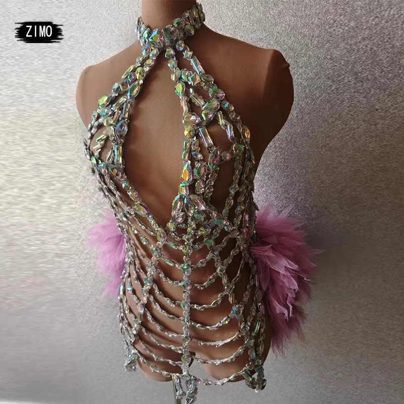 Sexy výreky kamienky šaty fialová čipka backless crystal Party Birthday Outfits for Women Performance Performance Drag Queen kostým