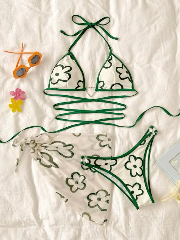 Sexy zabalenie okolo kvetinových bikín Ženy plavky ženské plavky Troj kusy bikiny súpravy s plavkou Sarong Bather Suck Swim K4123