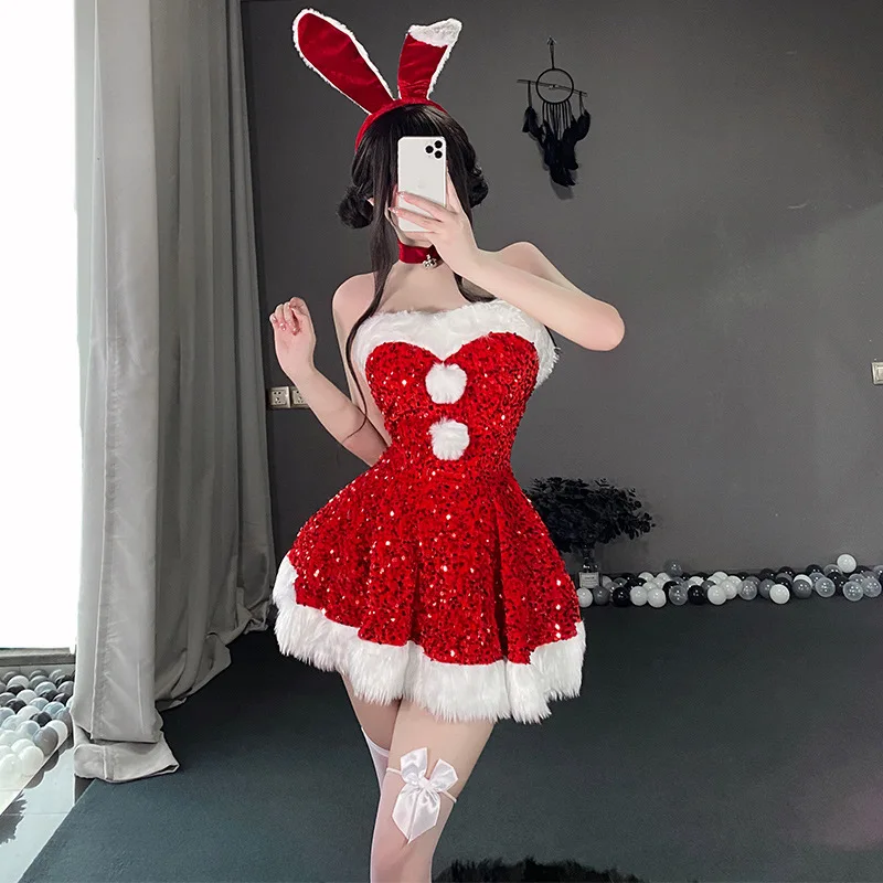 Sexy zajačik vianočné večierky Cosplay kostýmy flitry dekorácia mäkké plyšové guľôčky erotické erotické mimo ramena nočné košele 2024