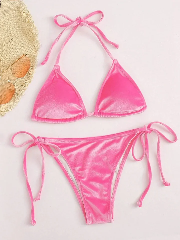 Sexy zamatové bikiny 2023 Mujer Women Slid Pink Push Up THOG SWEUTY VYROBENÉ BANDAGE PAPELAP