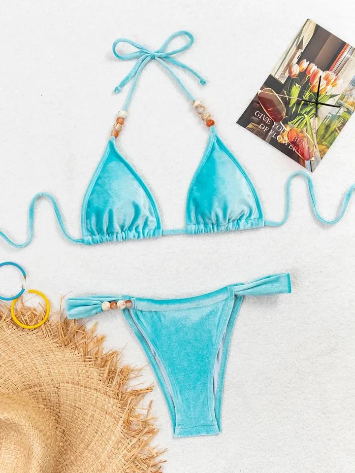 Sexy zamatové bikiny 2025 Ženy farebné korálkové remienok Push Up Swimsuit Brazílske letné plavky
