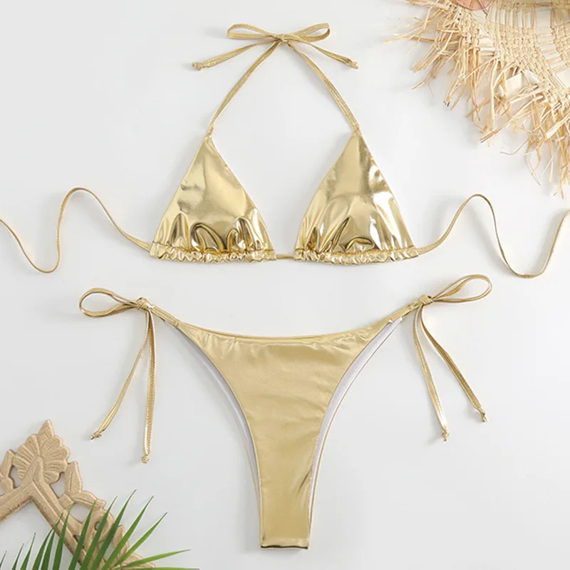 Sexy zlaté striebro červené struny bikiny 2024 Ženy plavky Ženské plavky Thong Bikinis Set Brazílska plážová plavky Biquini