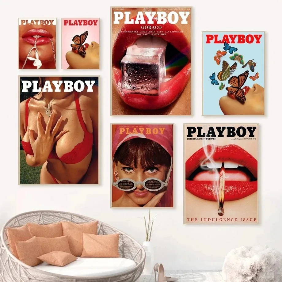 Sexy červené pery retro plagáty módne časopis Cover Motýfly maľba maľba